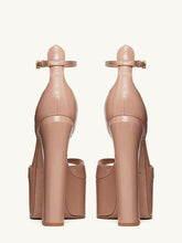 Nude Patent Platform Block Heeled Sandals With Ankle Strap Round Toe